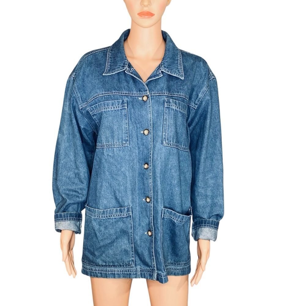 Joanna Vtg Jean Jacket Patch Pockets Cotton Button Down Oversized Boxy Fit SZ M